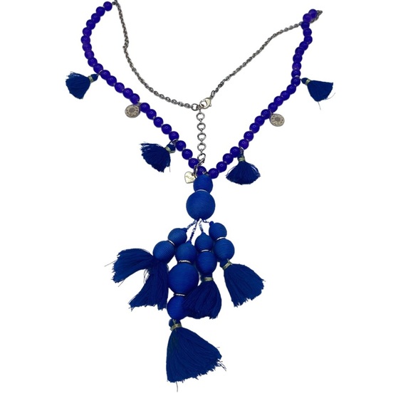 Aldo cobalt blue long necklace statement fringe beaded - Picture 5 of 8
